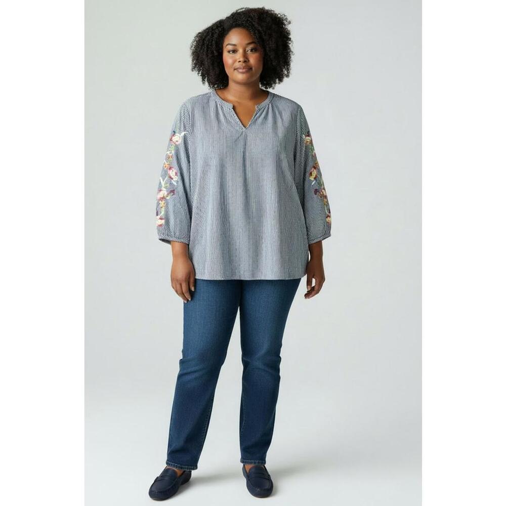 Talbots Women’s Charcoal Striped Tunic w/ Floral Embroidered Sleeves, Size PXL